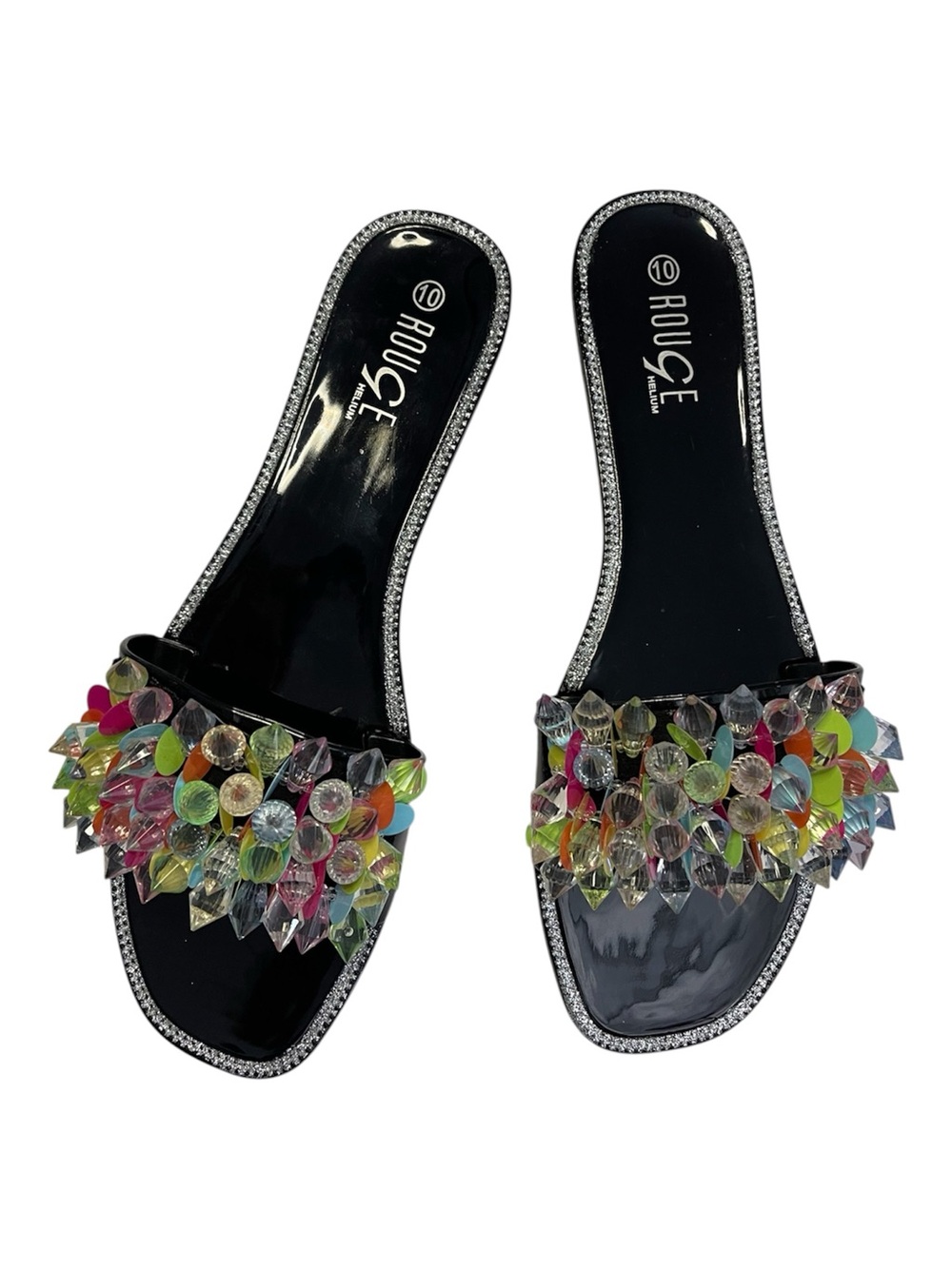 Rouge Helium Slide Sandals Women’s 10 Black Multicolor Jewel Gems Rhinestones - Picture 4 of 14